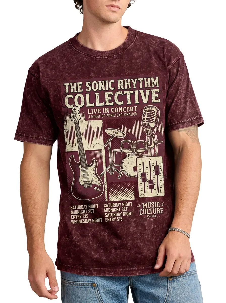 Men's Music Band Concert Guitar Drum Printed T-shirt