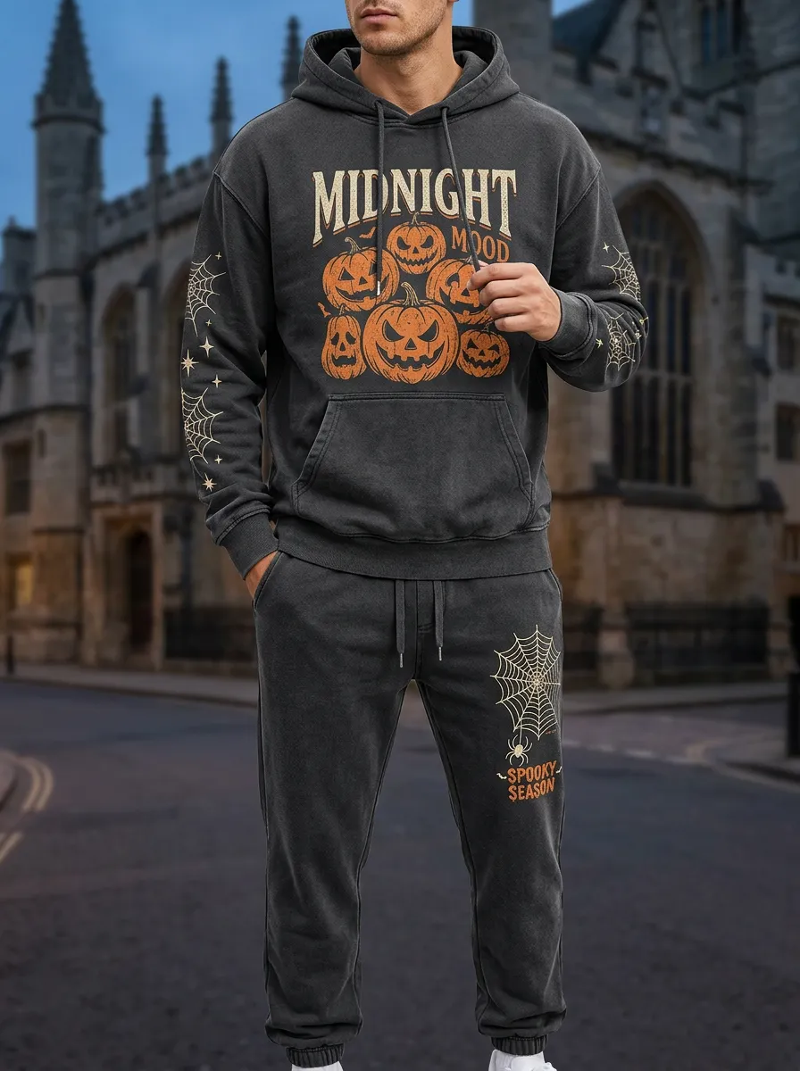 Men's Halloween Midnight Pumpkin Spiderweb Printed Tracksuit