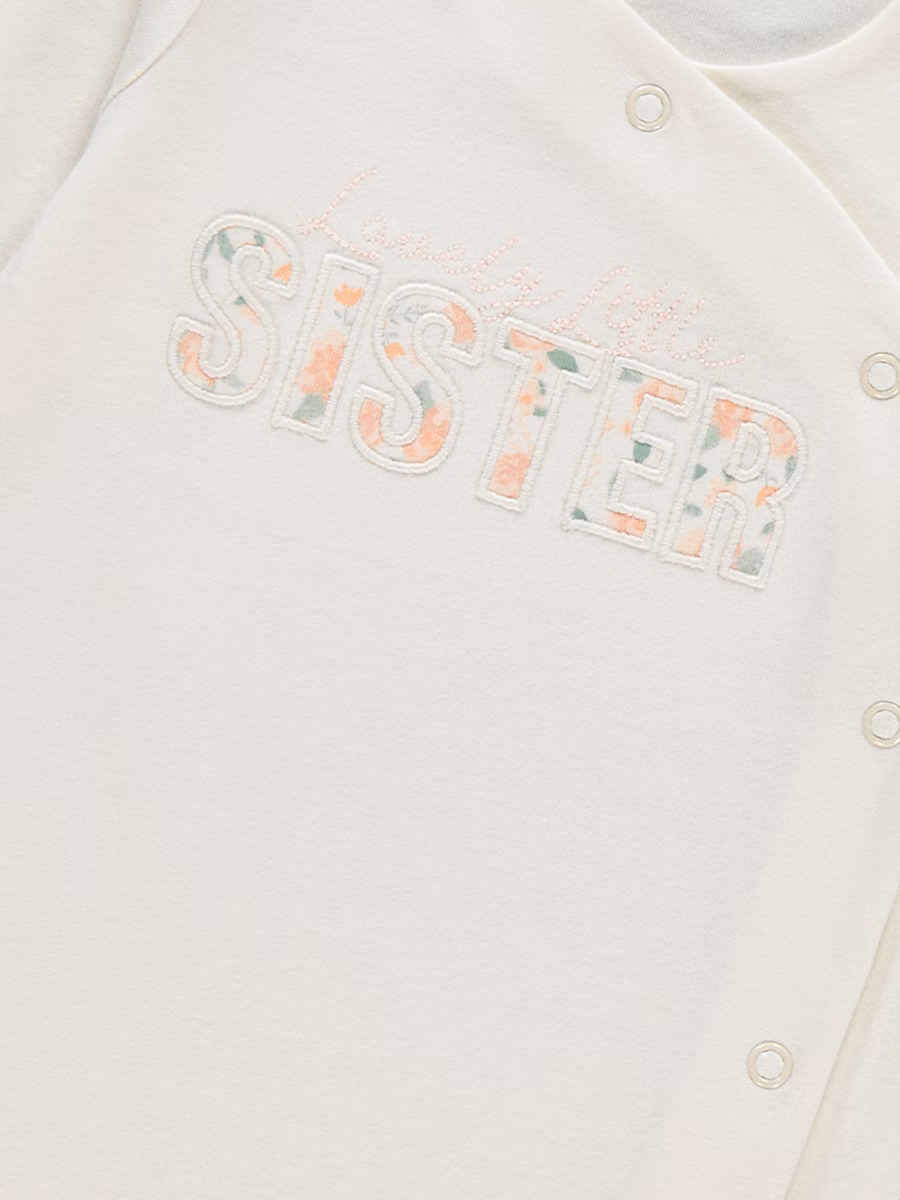 Cream Lovely Little Sister Embroidered Sleepsuit detail 1