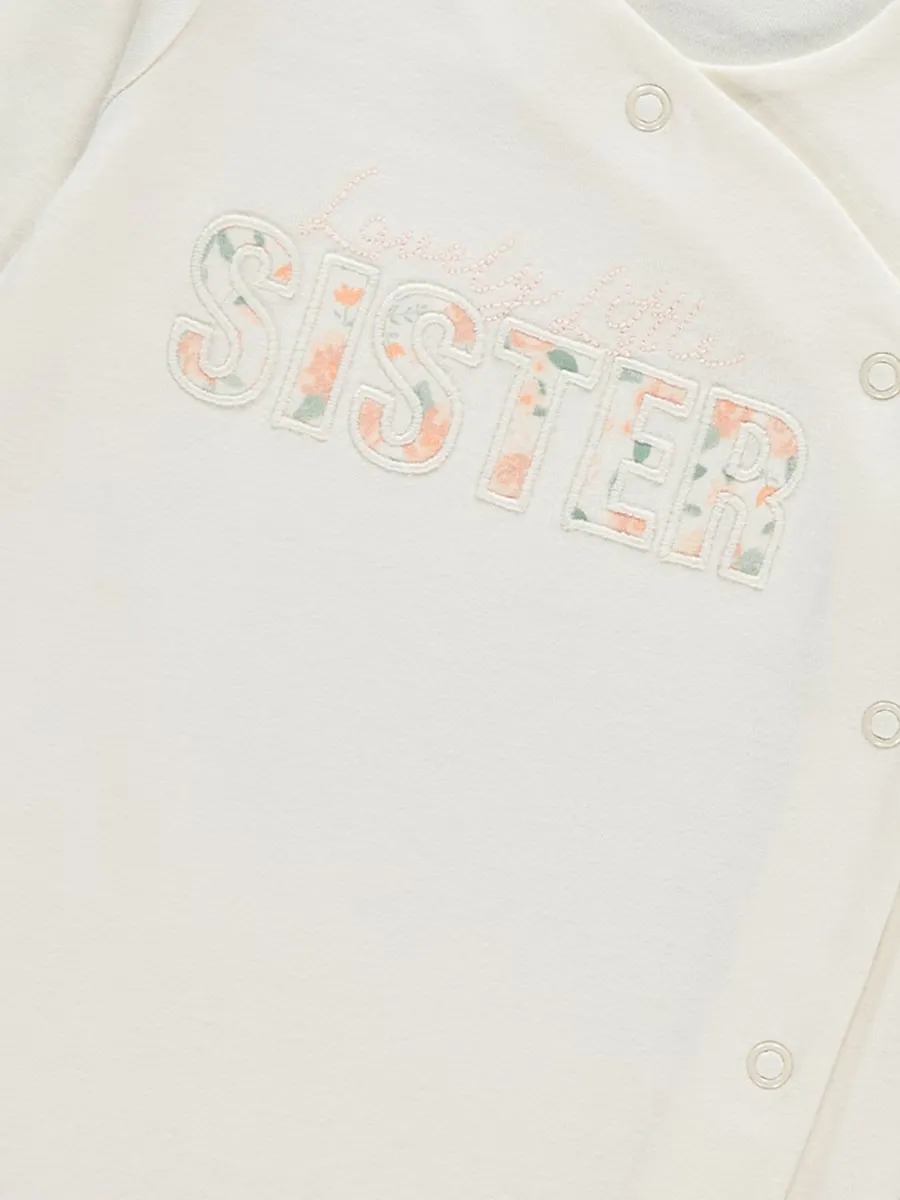 Cream Lovely Little Sister Embroidered Sleepsuit