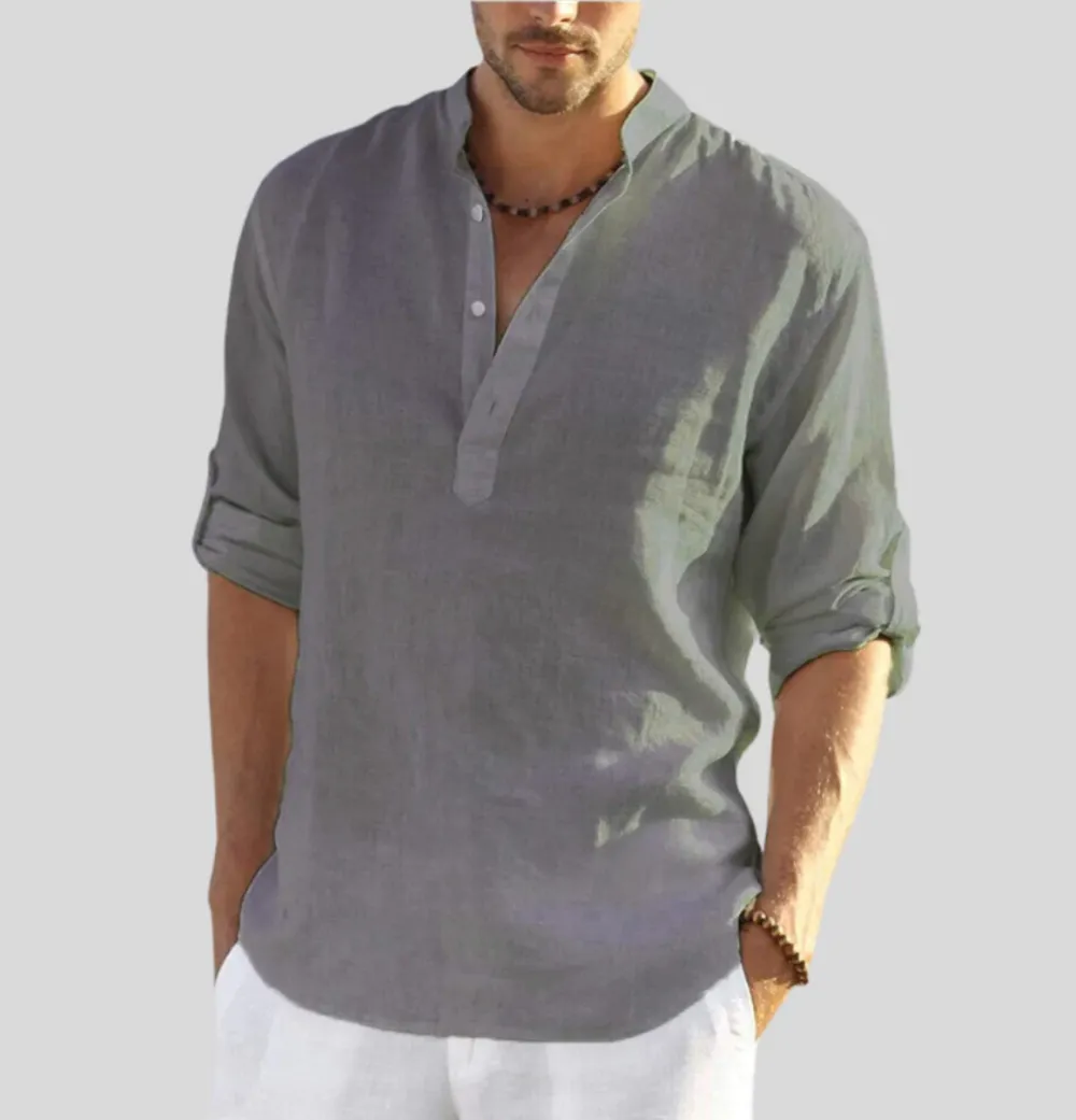 Linen Henley Collar Long Sleeve Shirt