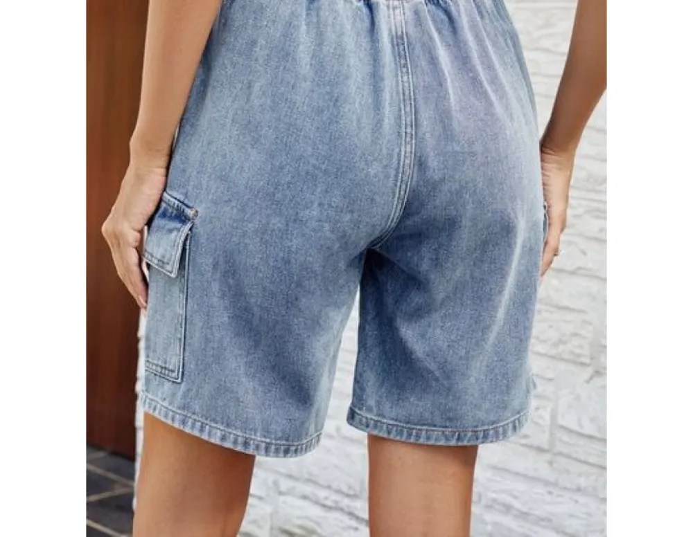 Drawstring Denim Shorts with Pockets