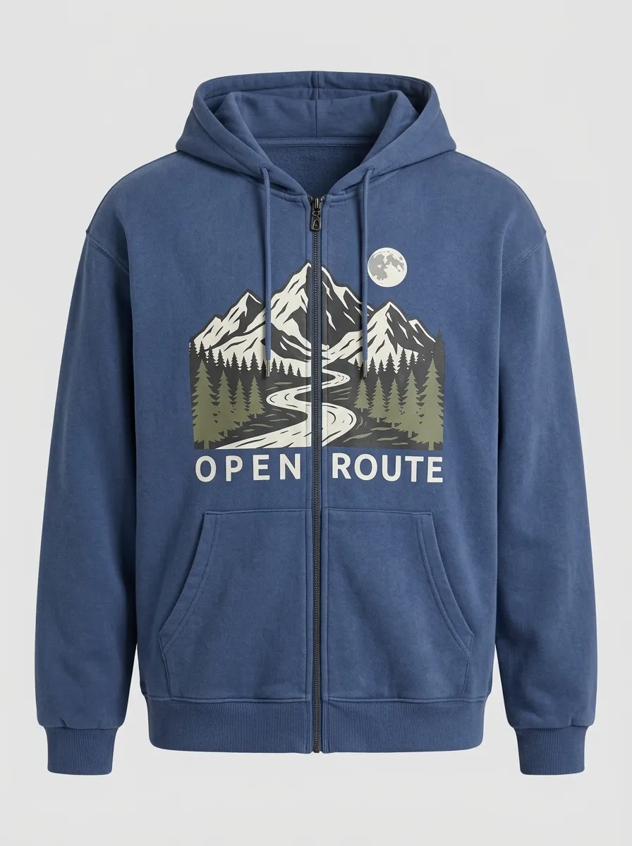 Unisex Outdoor Adventure Mountain Moon Printed Zip Hoodie