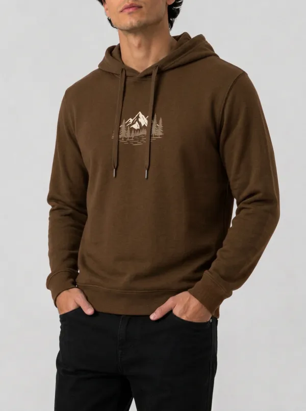 Men's Mountain Forest Graphic Pullover Ribbed-Cuff Metal-Aglet Drawcord Hoodie