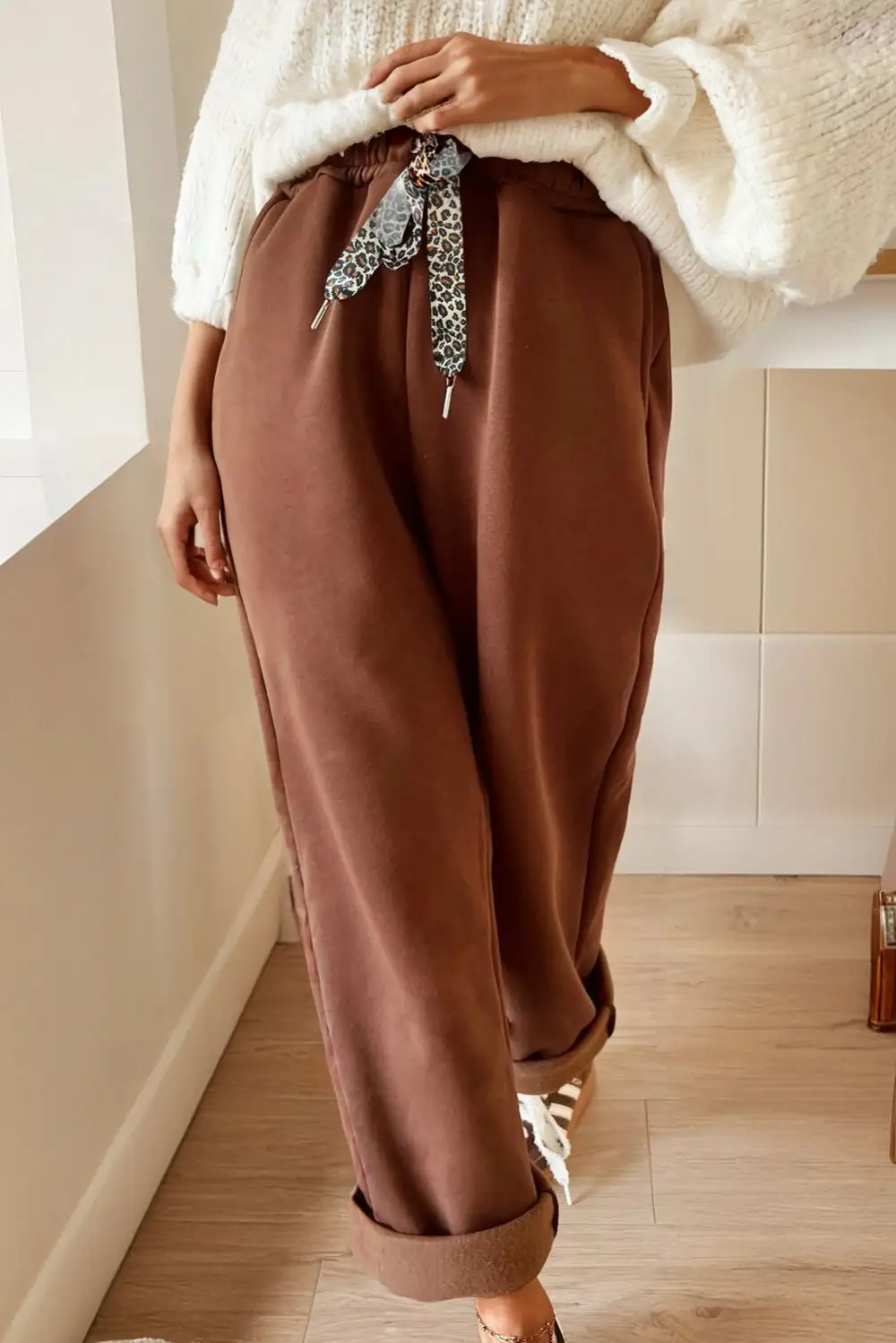 Classic Fleece Lined Leopard Drawstring Elastic Waist Solid Trousers