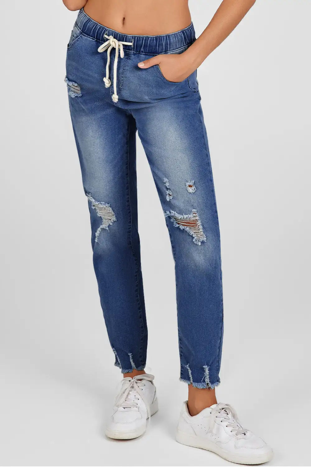 Mid-Rise Raw-Hem Ripped Elastic-Waist Straight Leg Jeans