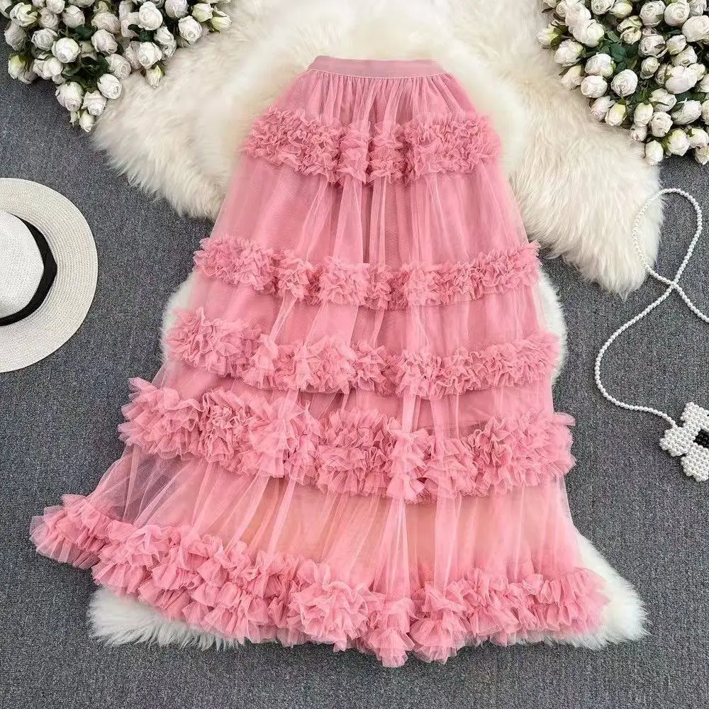 Flowing High Waist Lace Trim Mesh Midi Skirt
