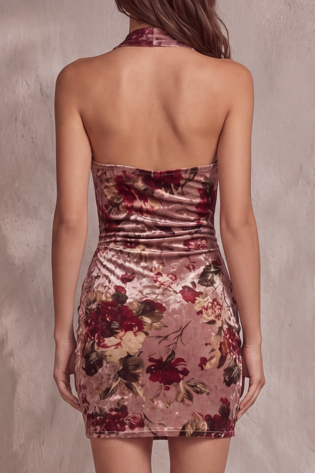 Halter Neck Ruched Floral Mini Dress