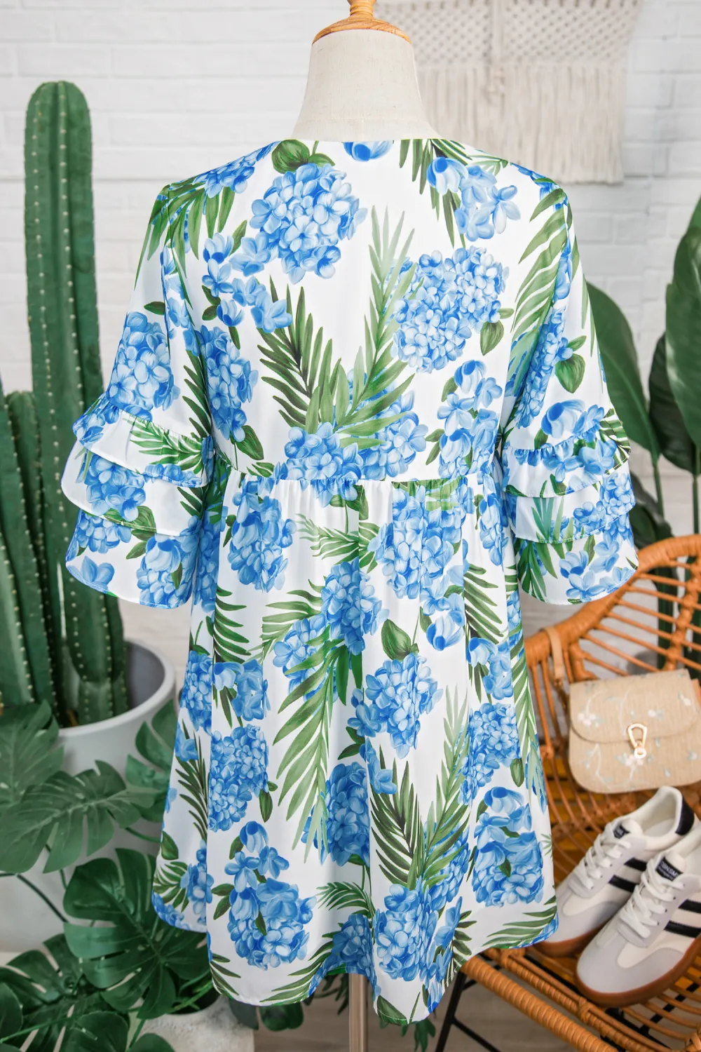 Blue Floral Ribbon Ruffle Dress