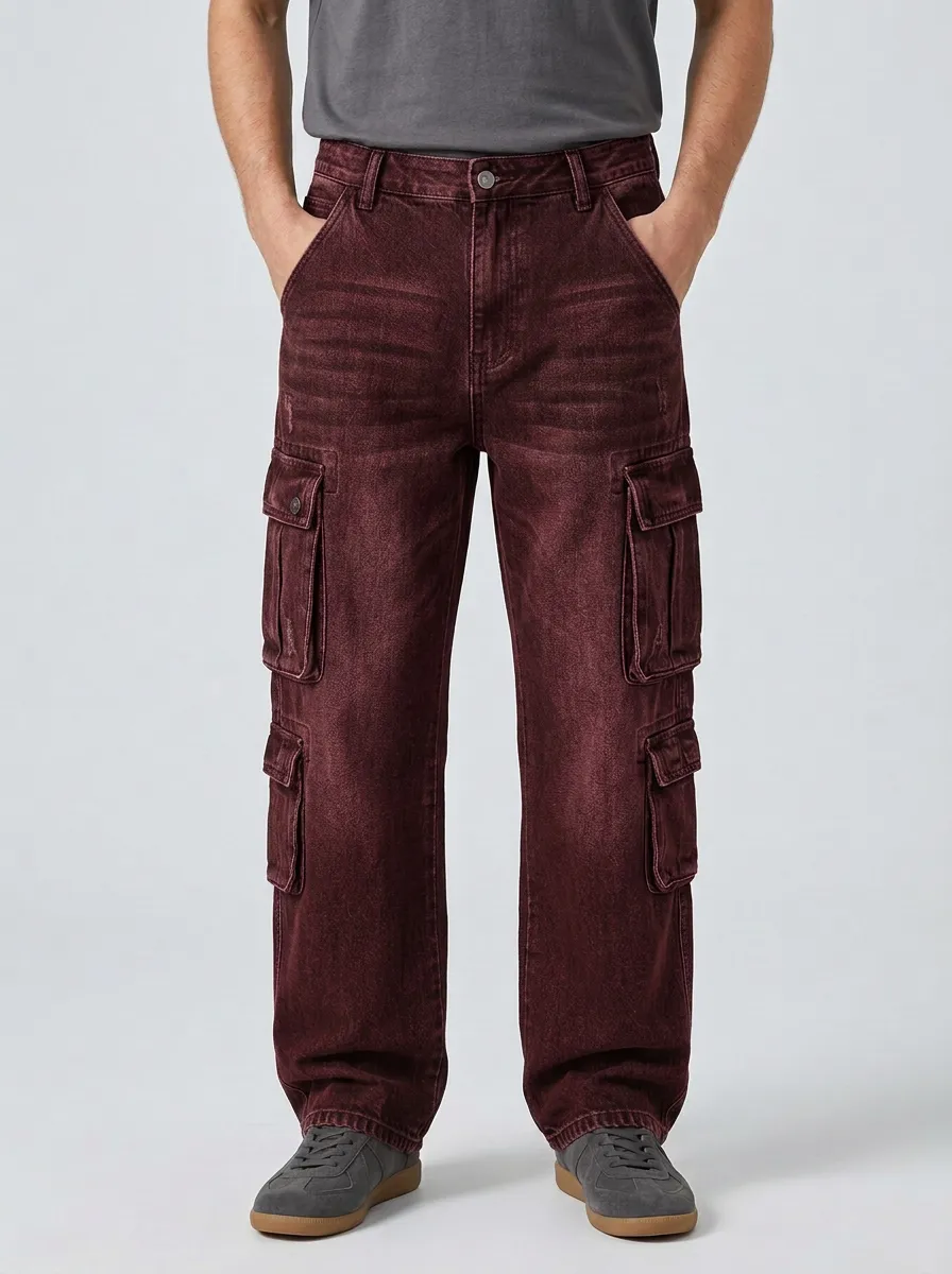 Men's Washed Black Multi-Pocket Cargo Lower Leg Cargo Pocket Cargo Pants