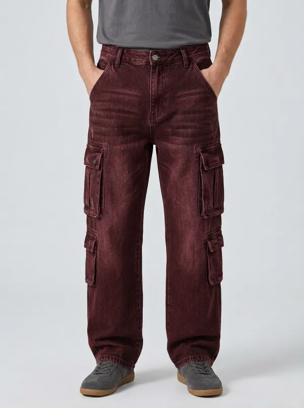 Men's Washed Black Multi-Pocket Cargo Lower Leg Cargo Pocket Cargo Pants