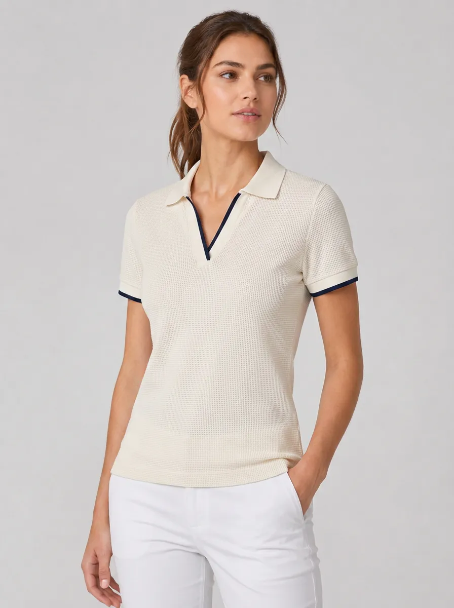 Women's Equestrian Lover Waffle Knit V-Neck Waffle-Knit with Contrast Trim Polo Shirt