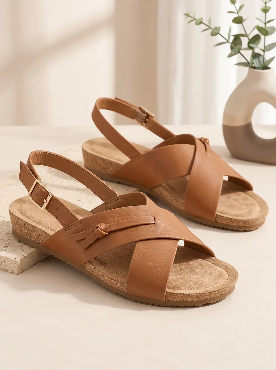 Women's Flat Sandals Cross Strap Cork Detail