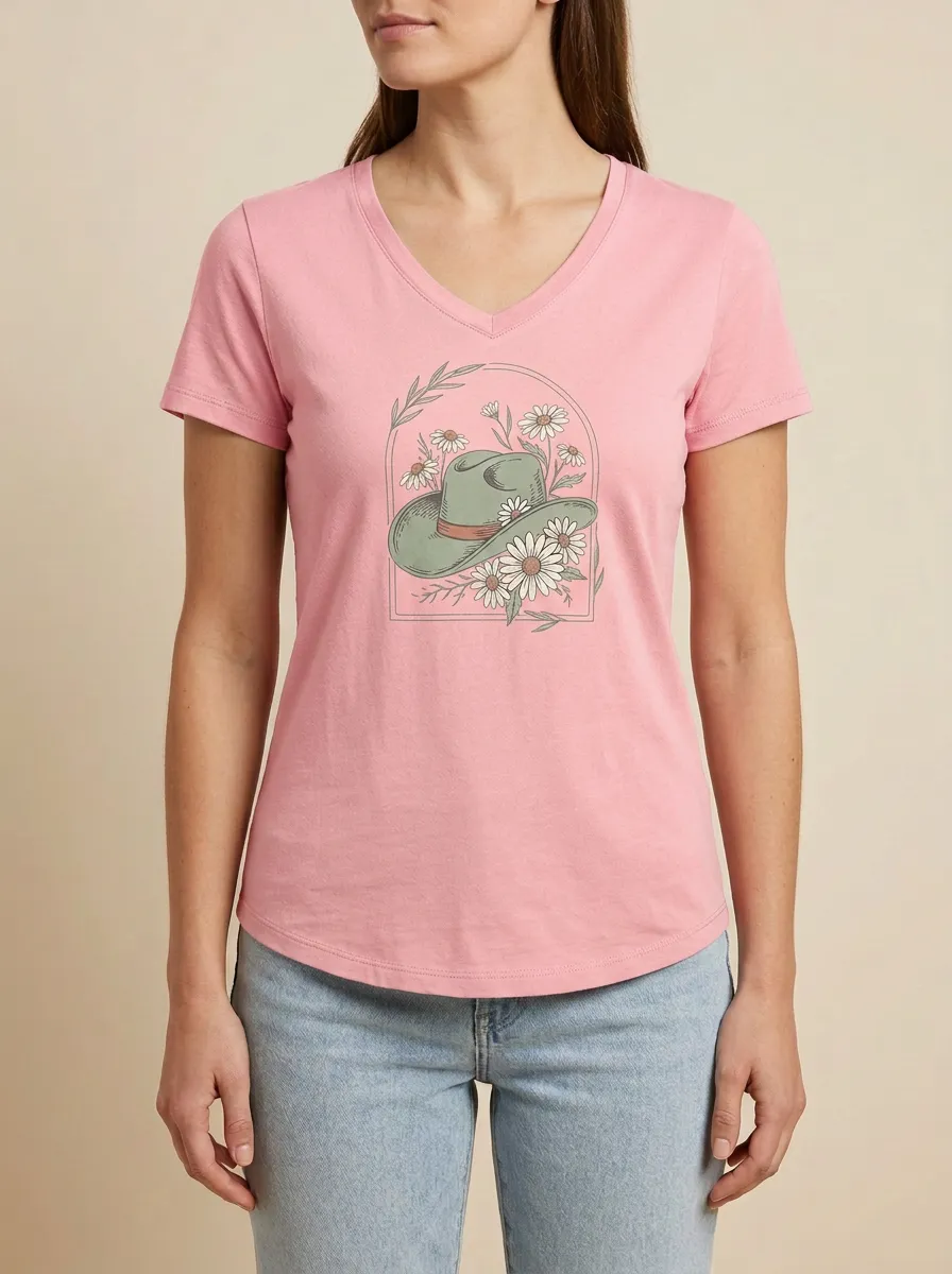 Women's Cowgirl Daisy Floral Graphic V-Neck T-Shirt