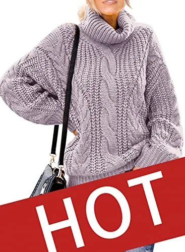 Womens Turtle Cowl Neck Solid Color Soft Comfy Cable Knit Pullover Sweaters S-2XL
