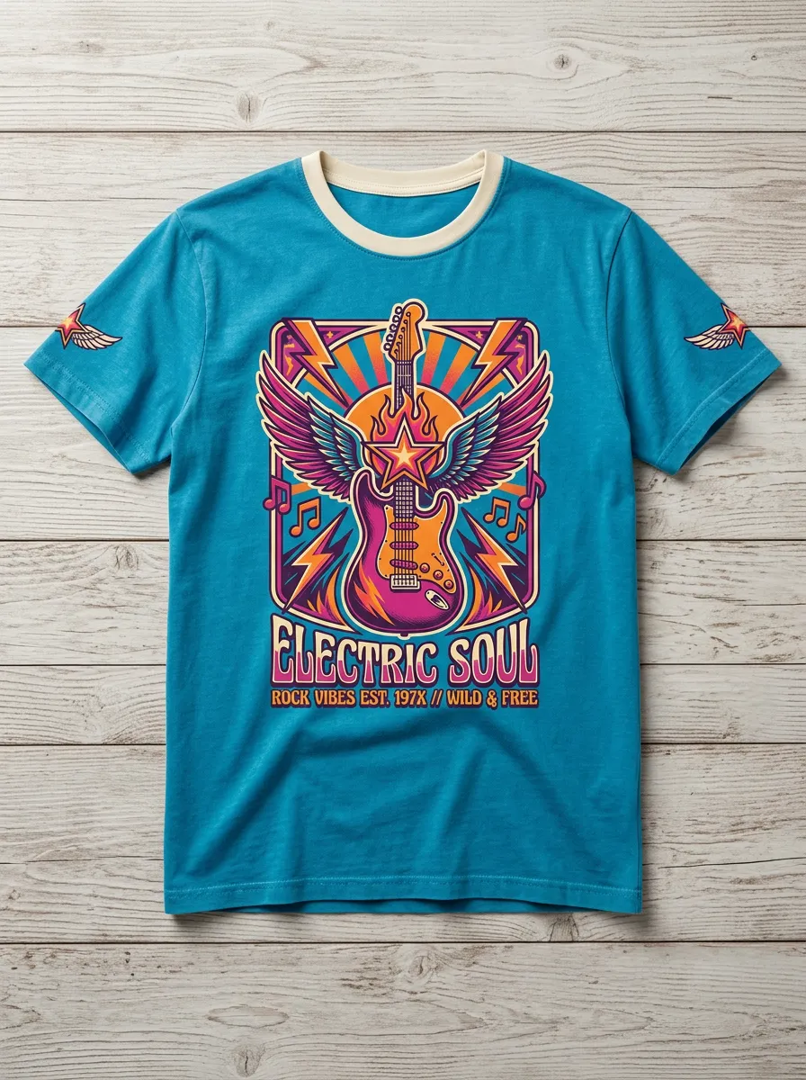 Unisex Rock Music Lover Electric Guitar Winged Printed T-shirt