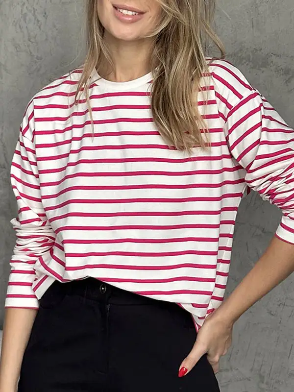Long Sleeve Relaxed Stripe Round Neck T-Shirt