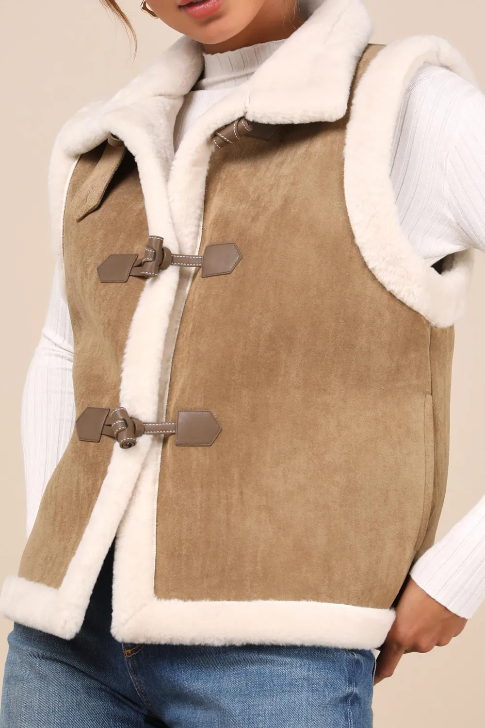 Classic Casual Style Tan Shearling Toggle Vest