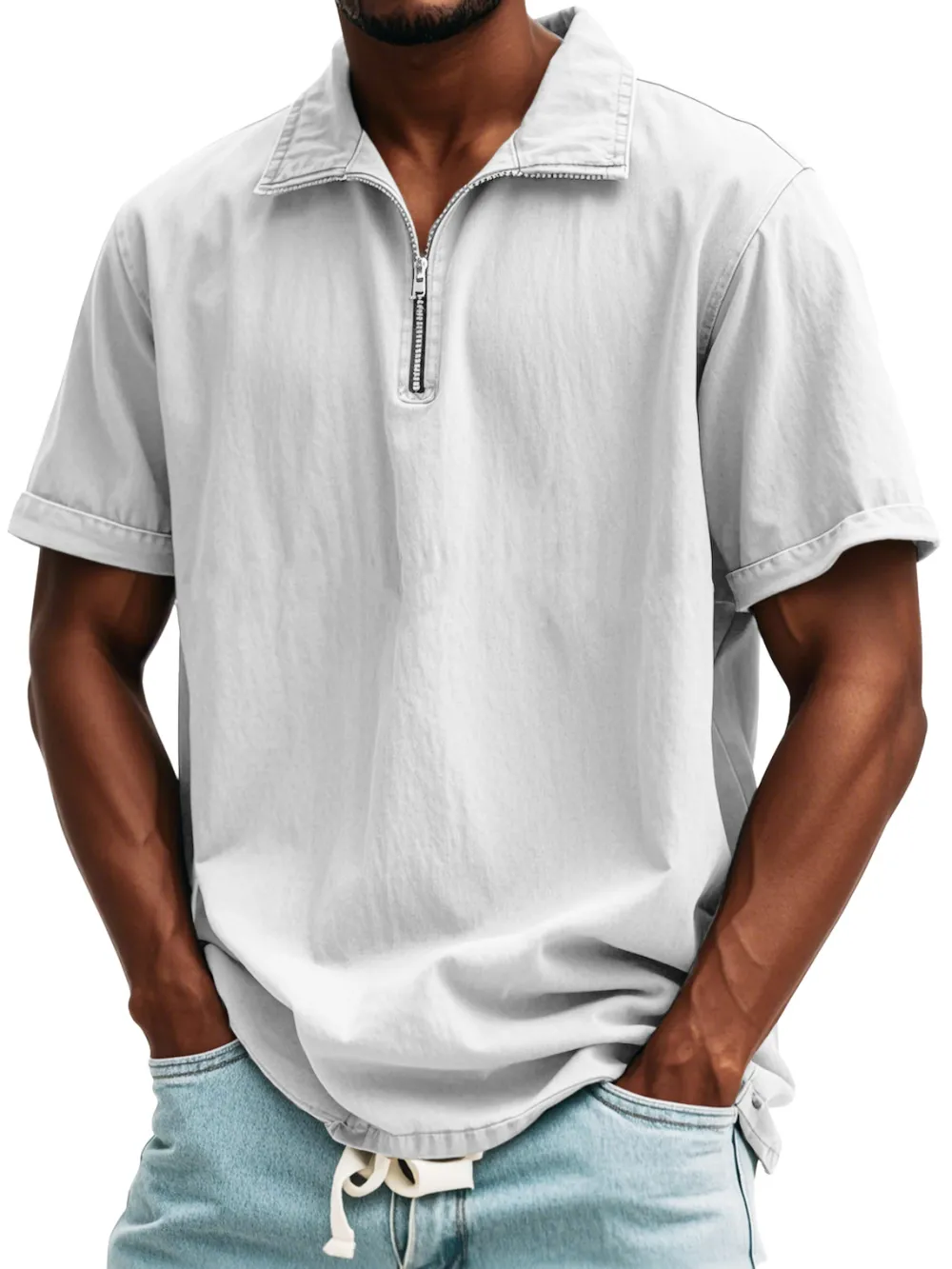 Relaxed Short Sleeve Stand Collar Zip Front Shirt