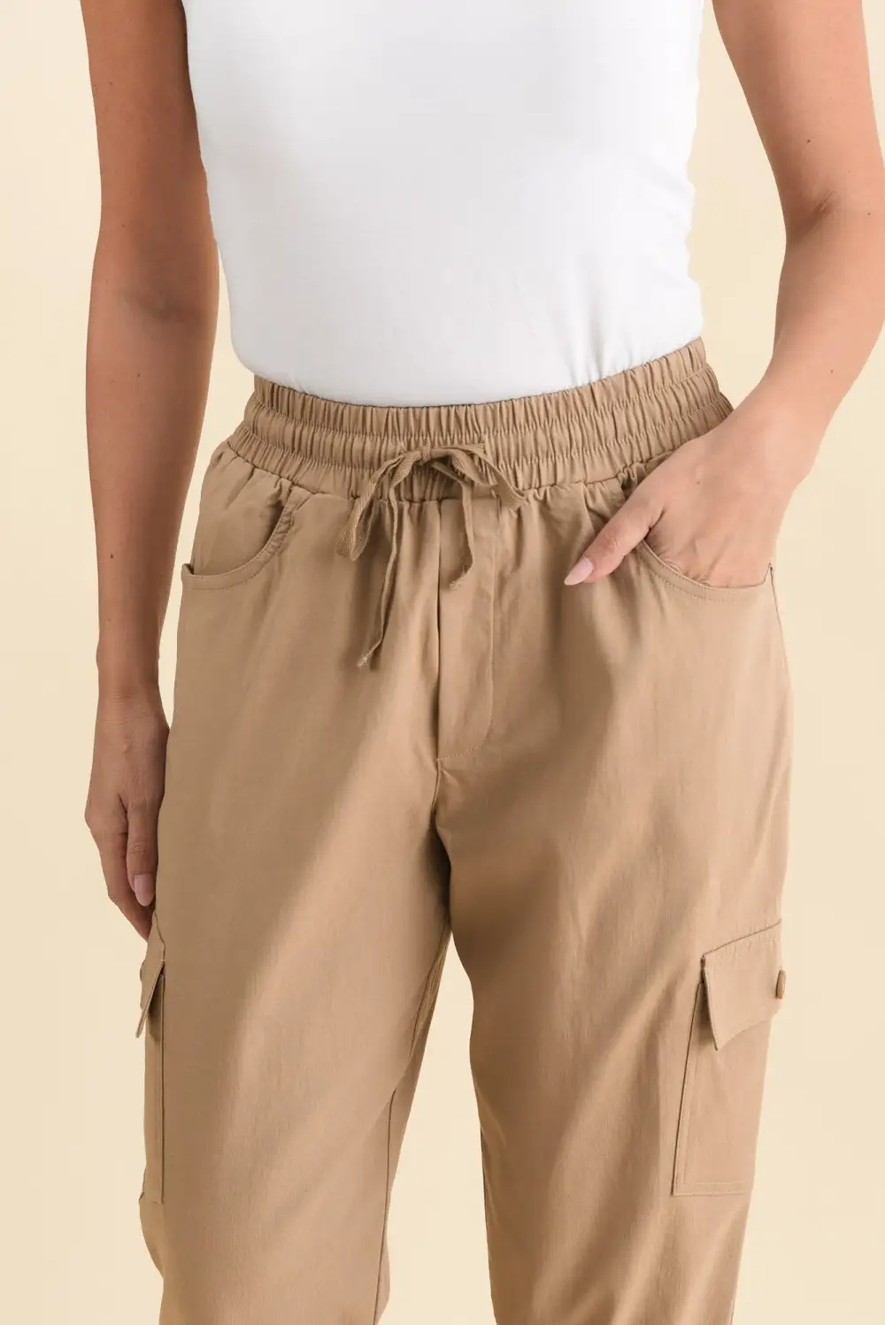 High Rise Cargo Pants With Elastic Waist And Drawstring