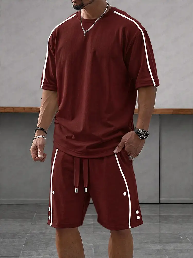Casual Loose Contrasct Color Line Sports Set