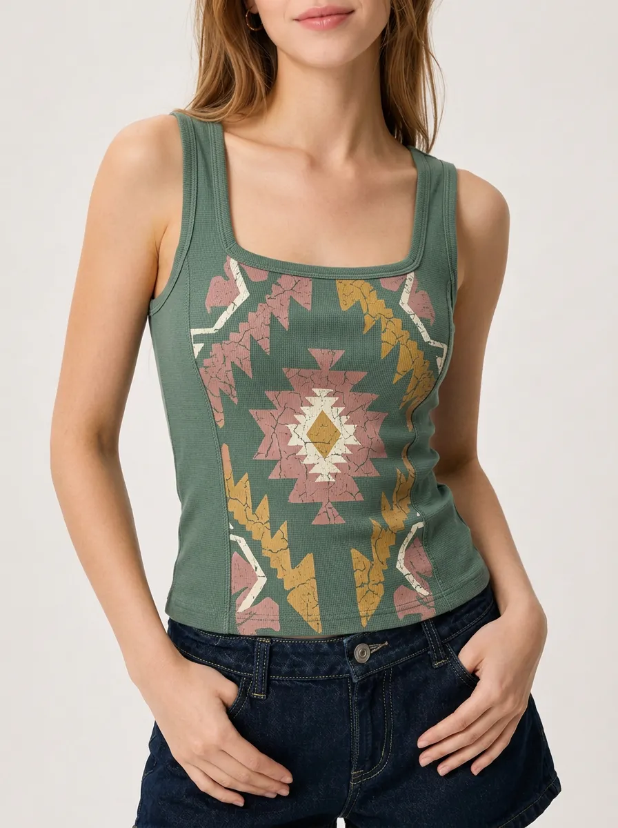 Women's Boho Western Aztec Geometric Printed Ribbed Tank Top