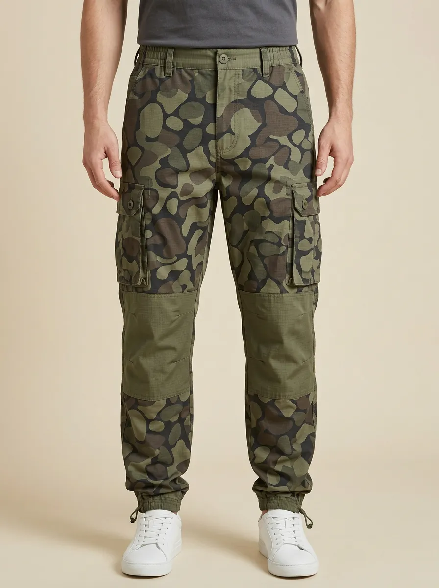 Men's Paneled Camo Elastic-Cuff Cargo Joggers