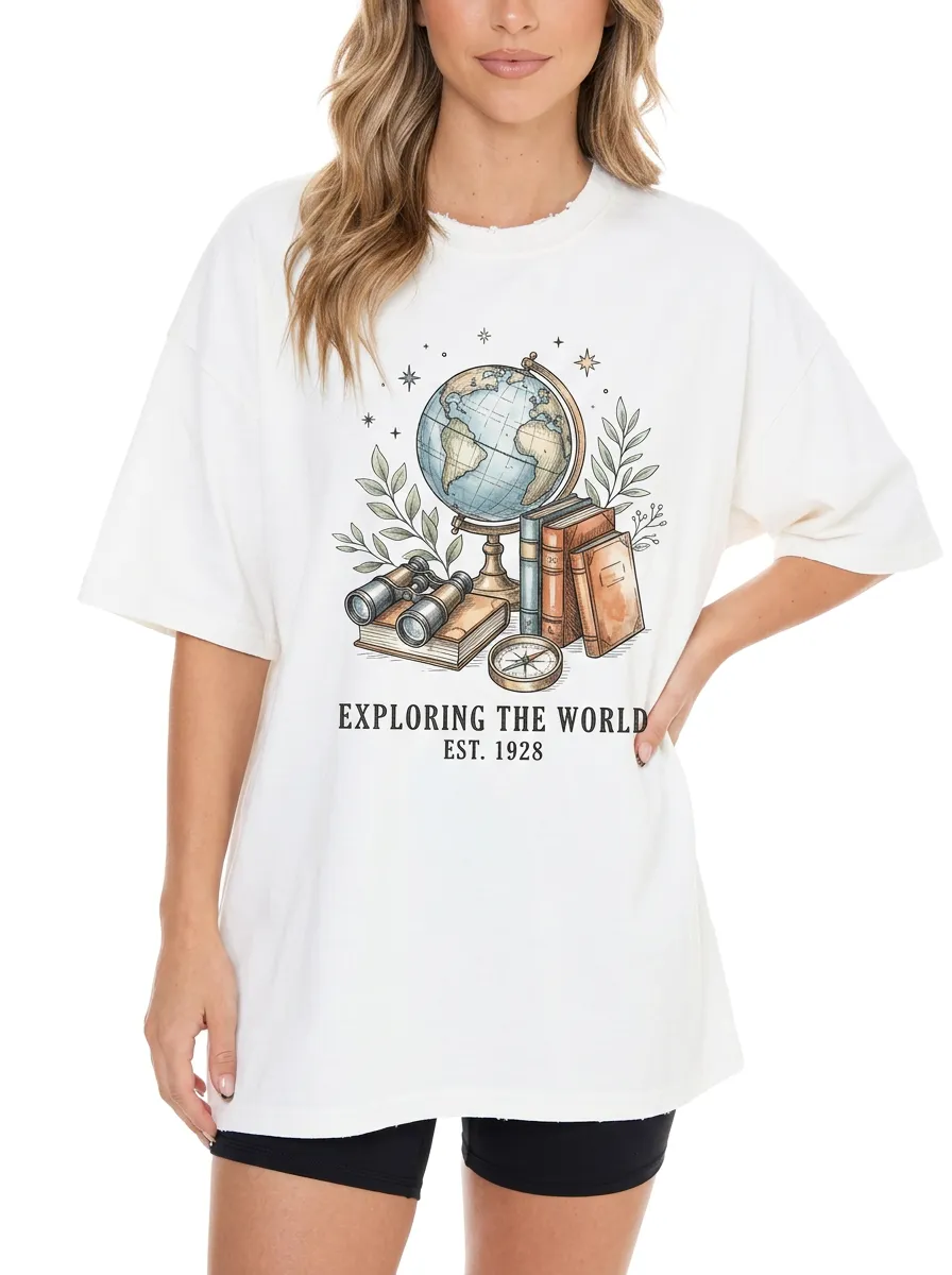 Women's Travel Globe Books Compass Graphic T-Shirt