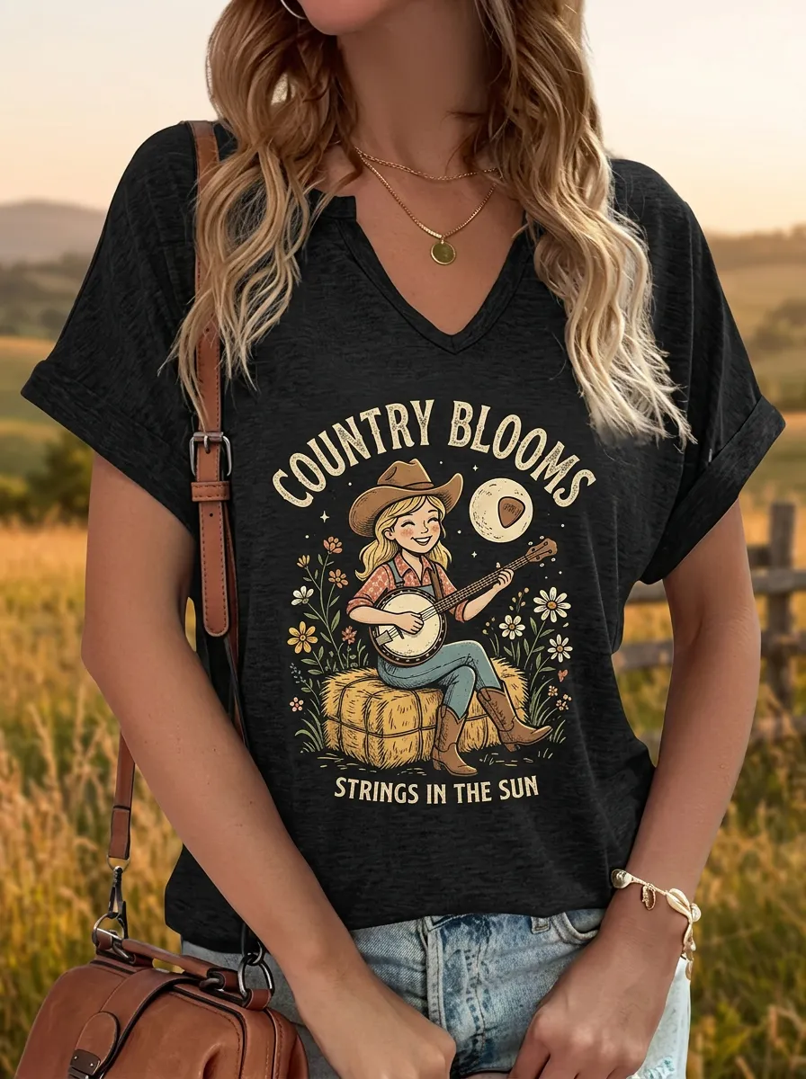 Floral Banjo Western Women's V-Neck T-Shirt