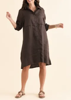 Knee-Length Ramie Pleated Collared Half-Sleeve Straight-Cut Shirt Dress