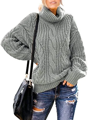 Womens Turtle Cowl Neck Solid Color Soft Comfy Cable Knit Pullover Sweaters S-2XL