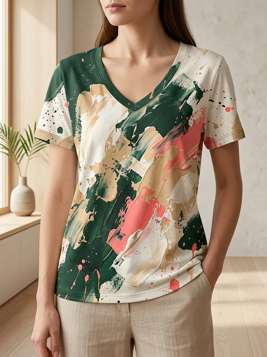 Women's Dynamic Abstract Art Paint Splatter V-Neck T-Shirt