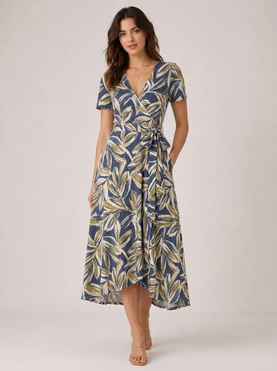 Women's Tropical Botanical Leaf Wrap-Front Wrap Dress