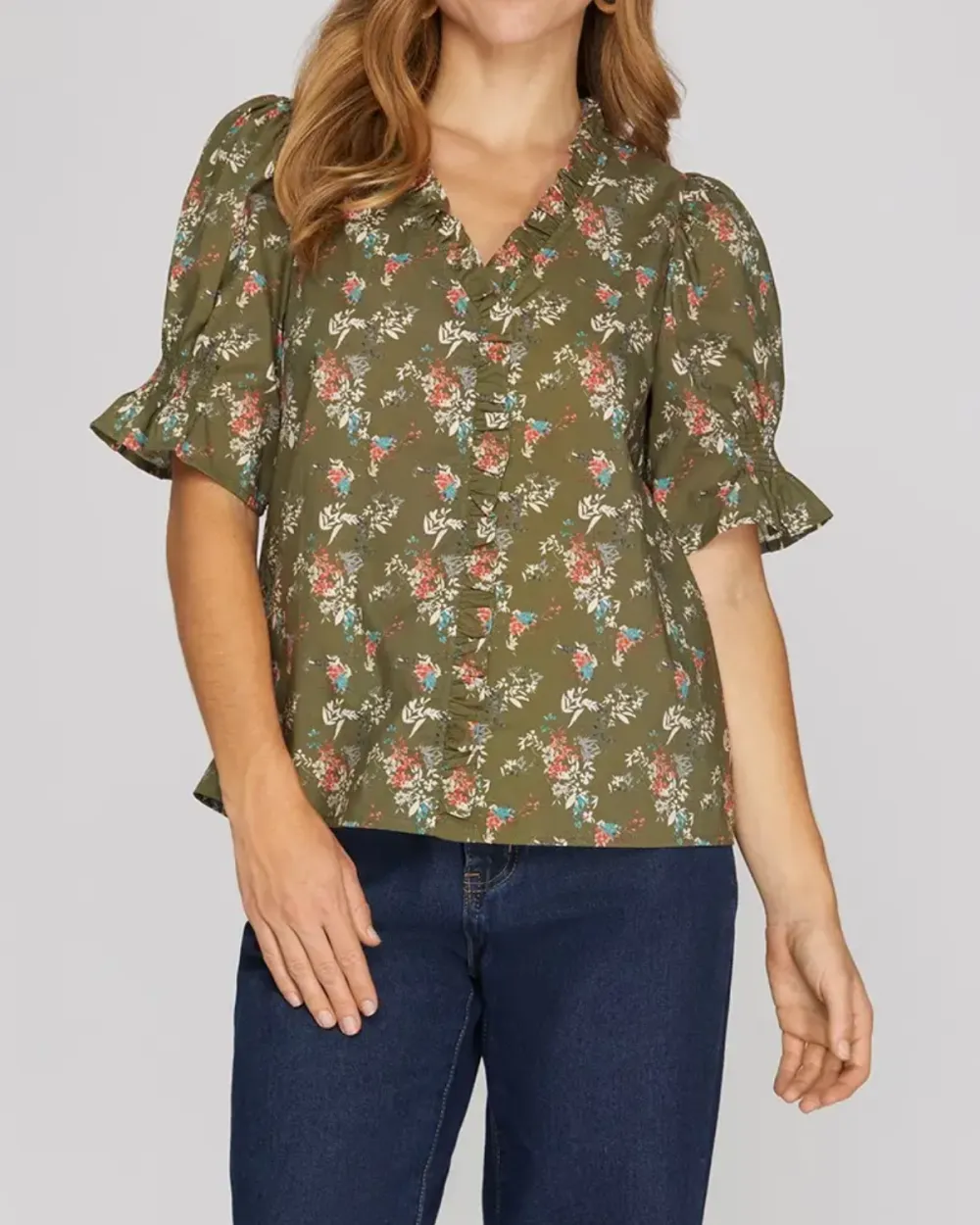 Ruffled Neck Floral Top