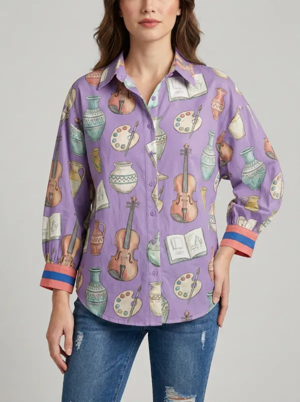 Women's Art Music Lover Violin Pottery Palette Printed Shirt