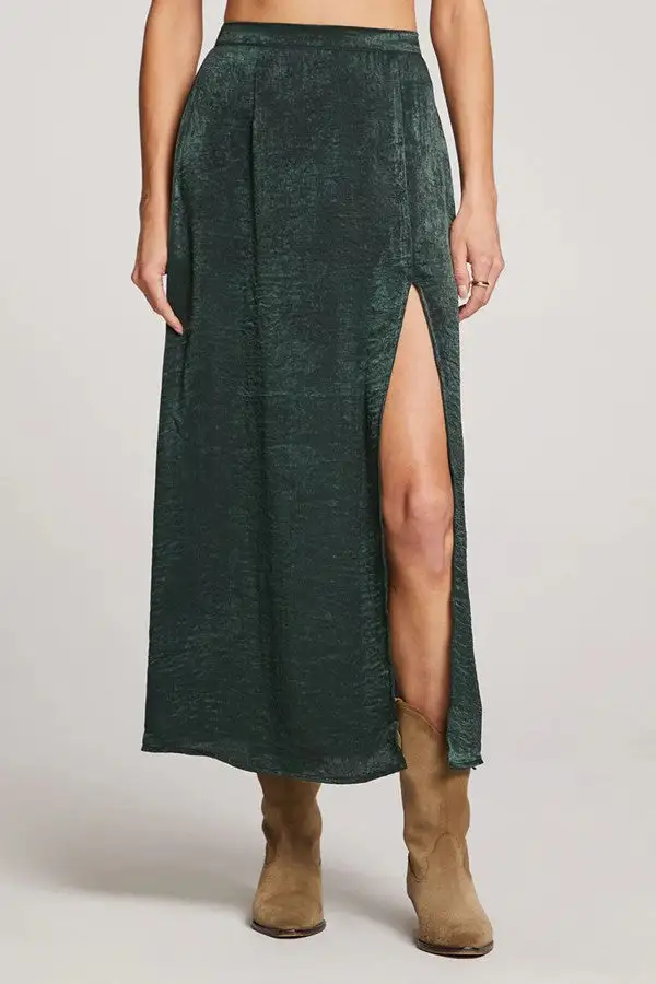 Dark Green Textured Slit Midi Skirt