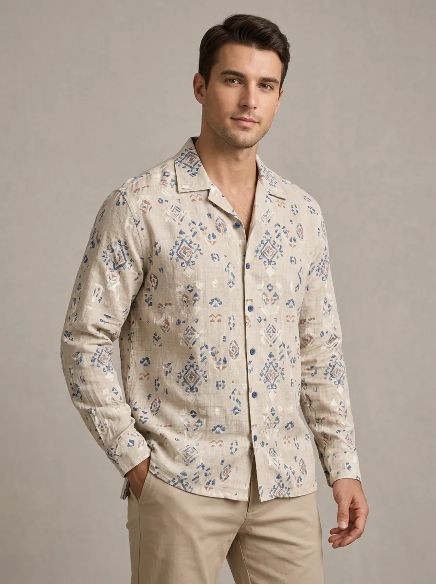 Men's Geometric Boho Printed Linen Shirt