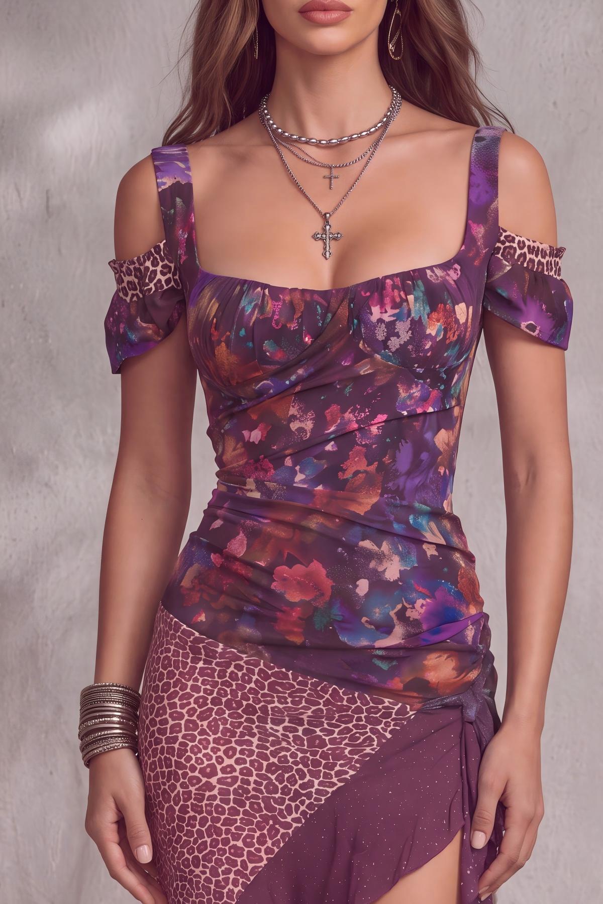 Slit Floral Leopard Pattern Maxi Dress