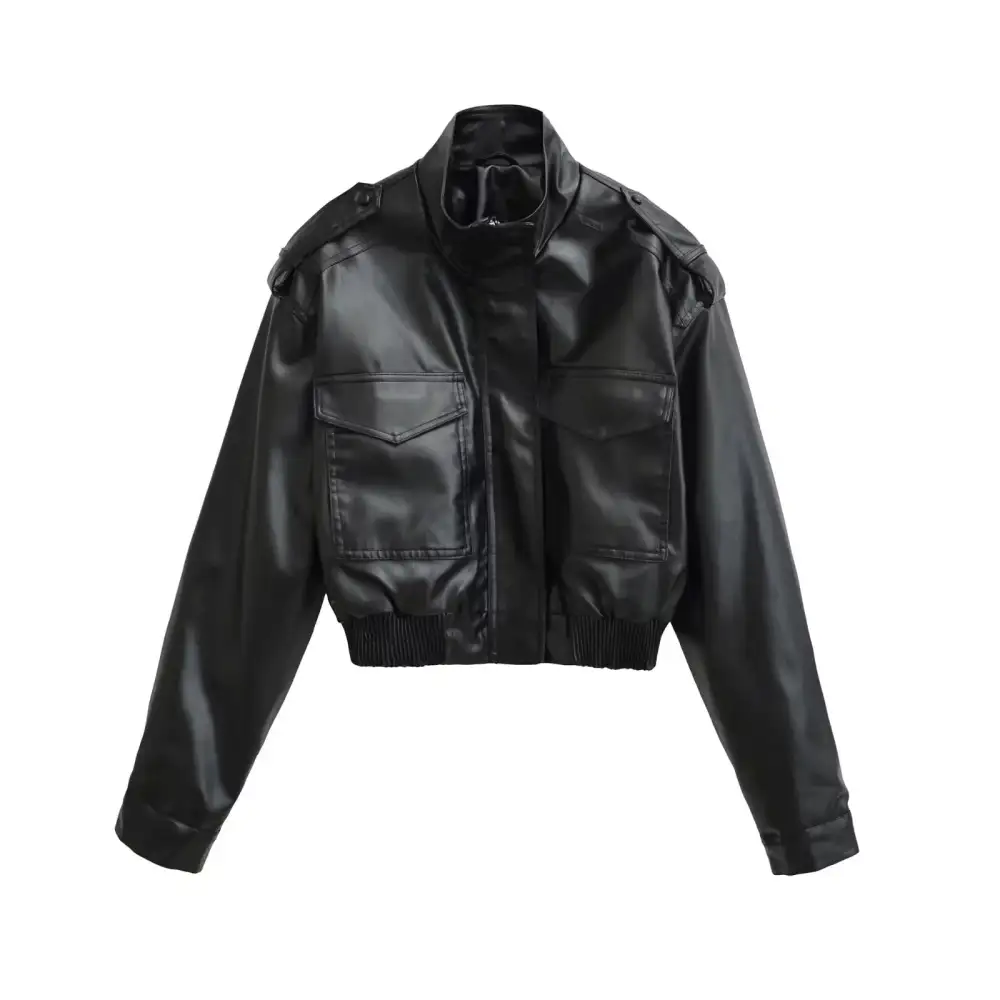 Cropped Tailored Stand Collar Ribbed Trim Bomber Jacket