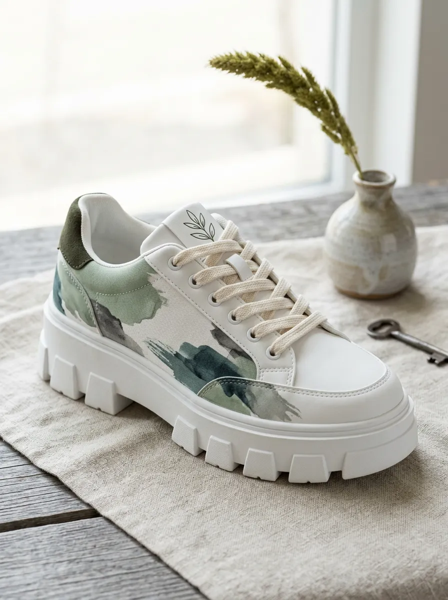 Women's Nature Lover Green Watercolor Printed Platform Sneakers