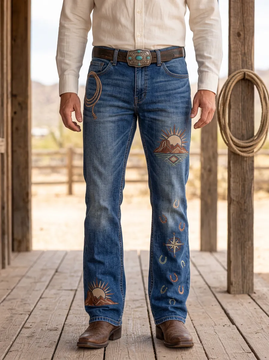 Men's Western Cowboy Horseshoe Horse Desert Mountain Jeans