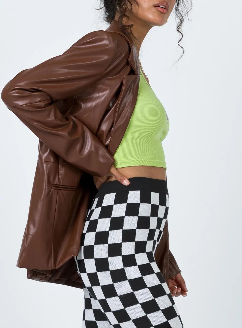 Brown Layered Look Faux Leather Blazer