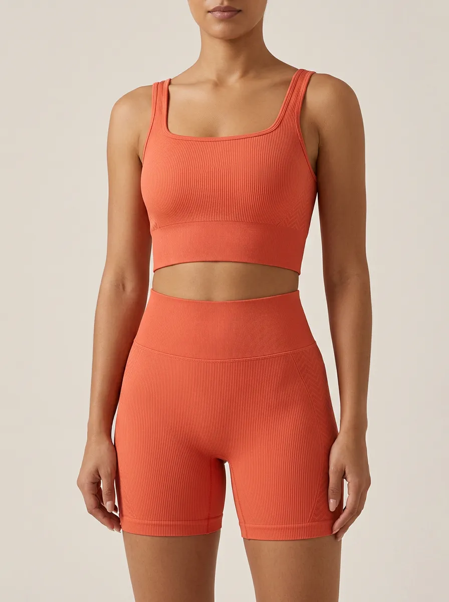 Easy-Wear Ribbed Texture Seamless Design Look Women's Tank Top And Sports Shorts Set