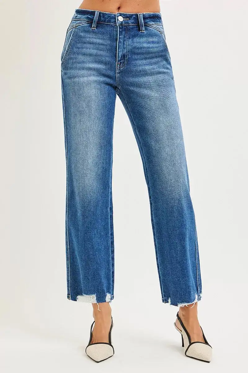 Sharp High Waist Straight Leg Distressed Denim Jeans