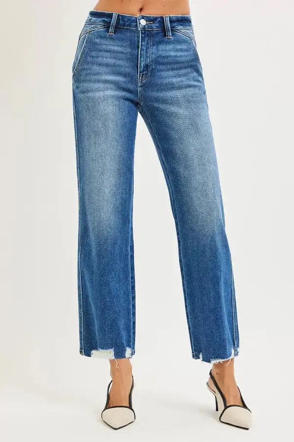 Sharp High Waist Straight Leg Distressed Denim Jeans