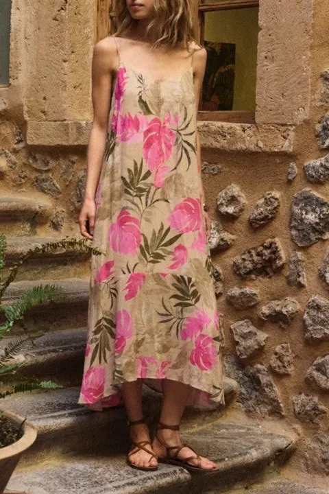 Women's Beige Tropical Floral Print Maxi Dress
