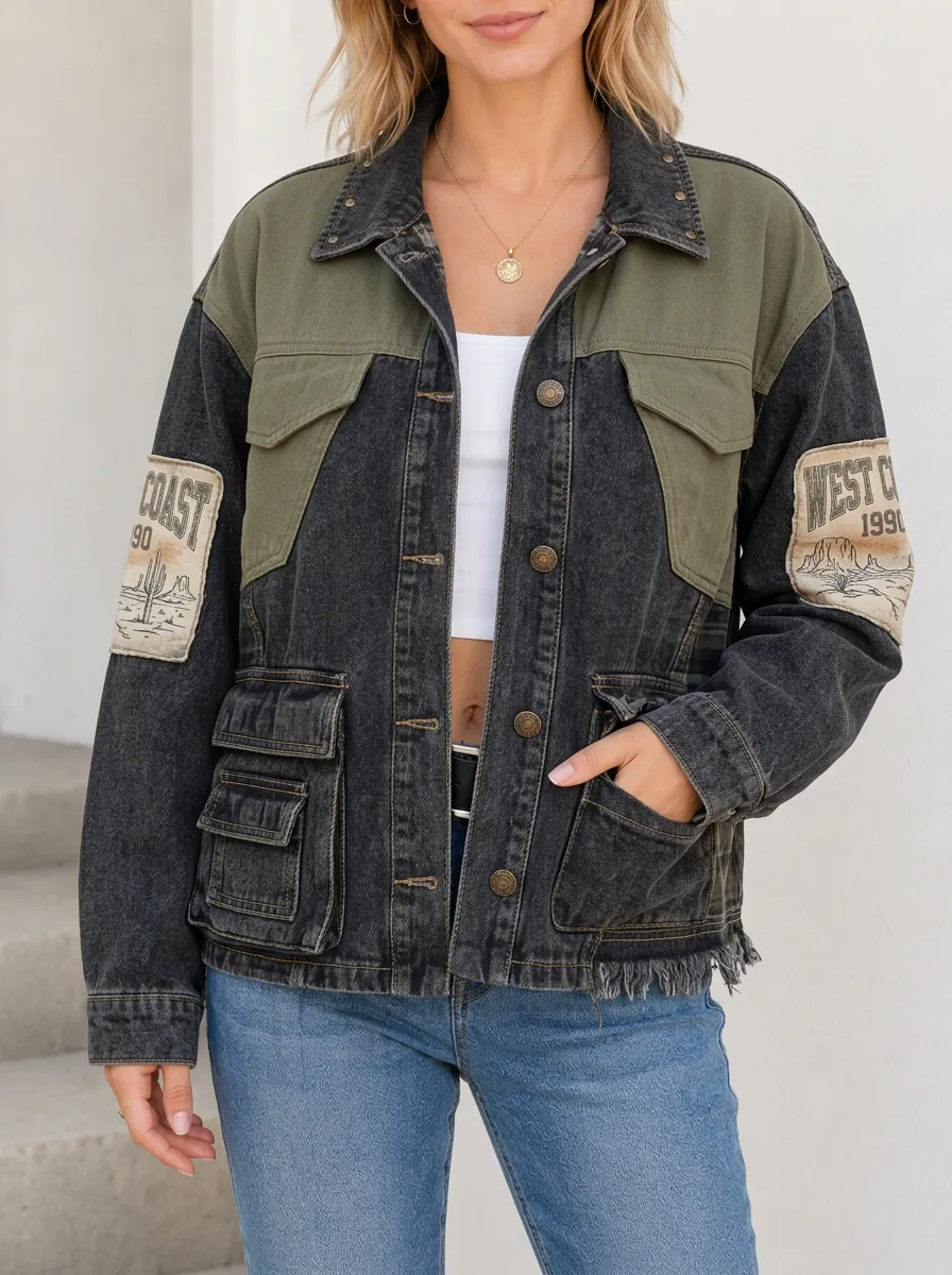 Women's West Coast Desert Cactus Printed Denim Jacket