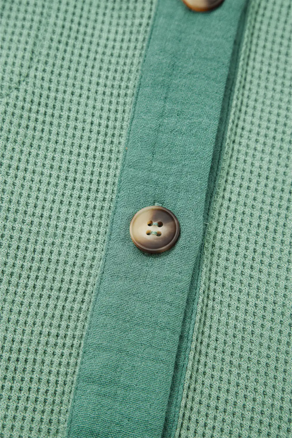 Grass Green Waffle Knit Vintage Patchwork Button Up Loose Shirt
