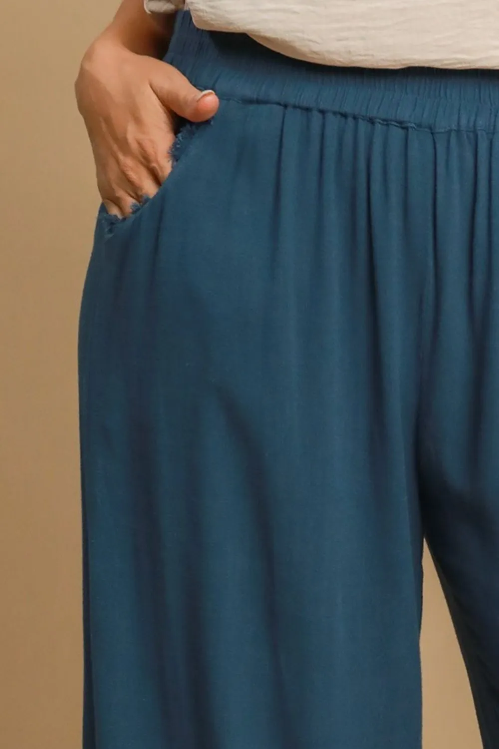Linen Blend Elastic Waistband Wide Leg Pants
