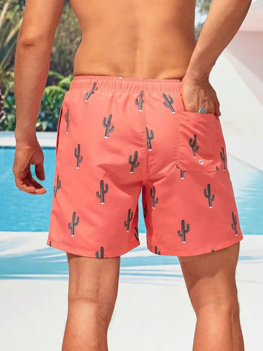 Men's Cactus Print Letter Patch Swim Trunks